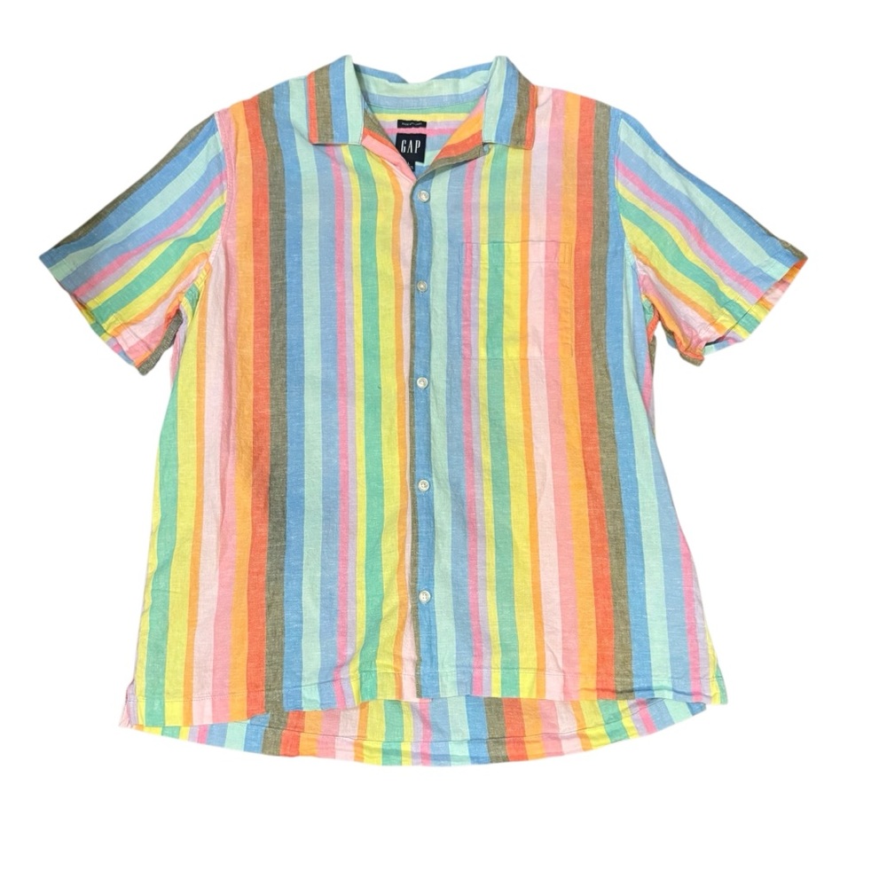 GAP Pastel Striped Linen Blend Short Sleeve Button Down